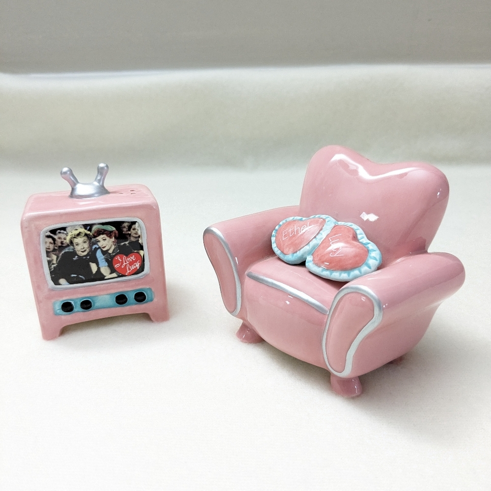 Lucy and Ethel on TV with a pink comfy chair salt and pepper shakers